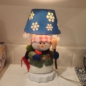 Vintage Snowman Table Lamp with Blue Snowflake Shade, holiday, Christmas